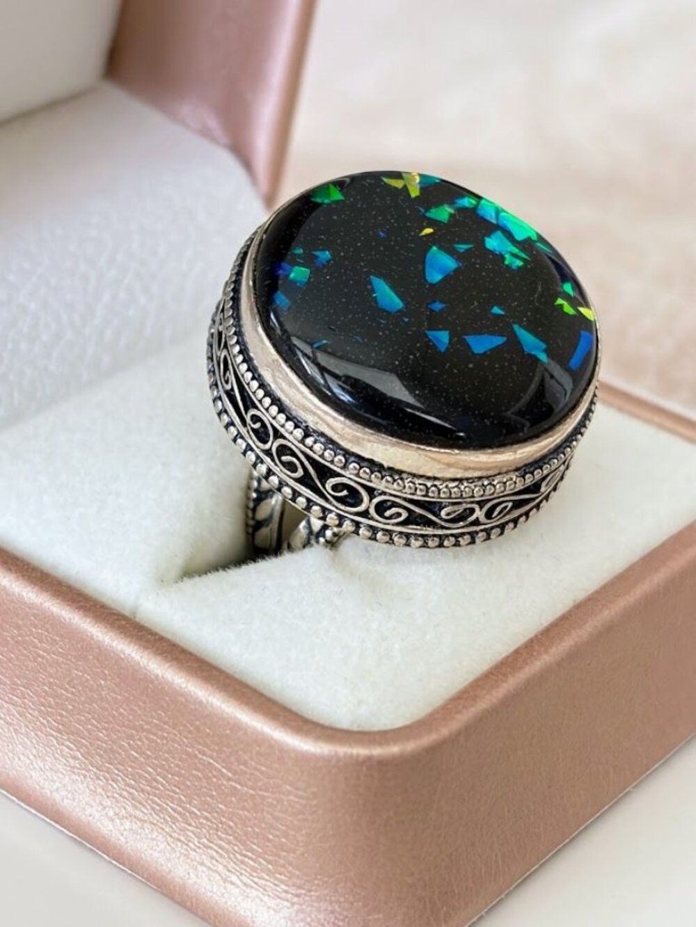 Simulated Fire Black Opal Round Stone Statement Ring 925 Silver Plated - Size 7